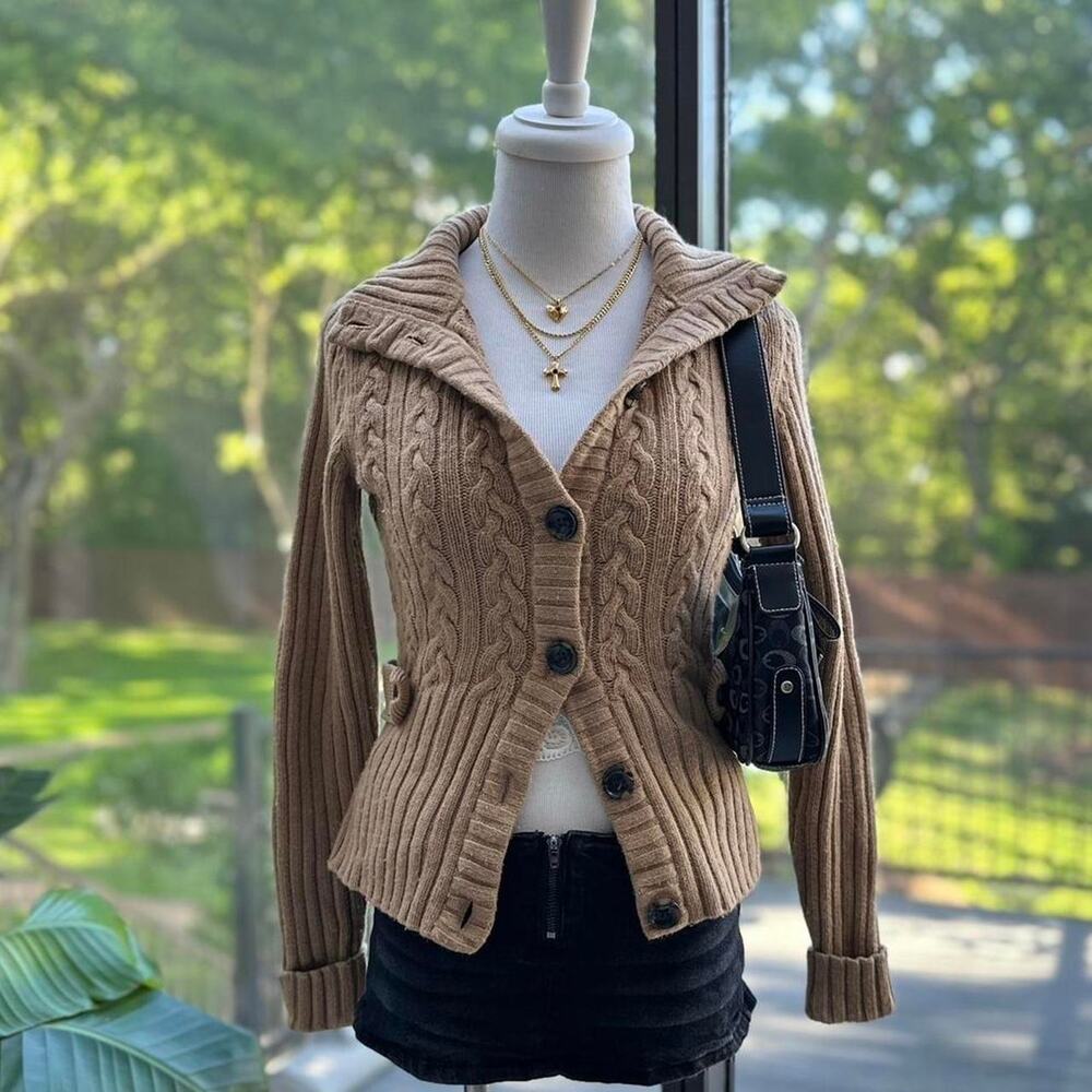 Y2K 2008 Banana Republic Brown Cable Knit Cashmere Cardigan Sweater